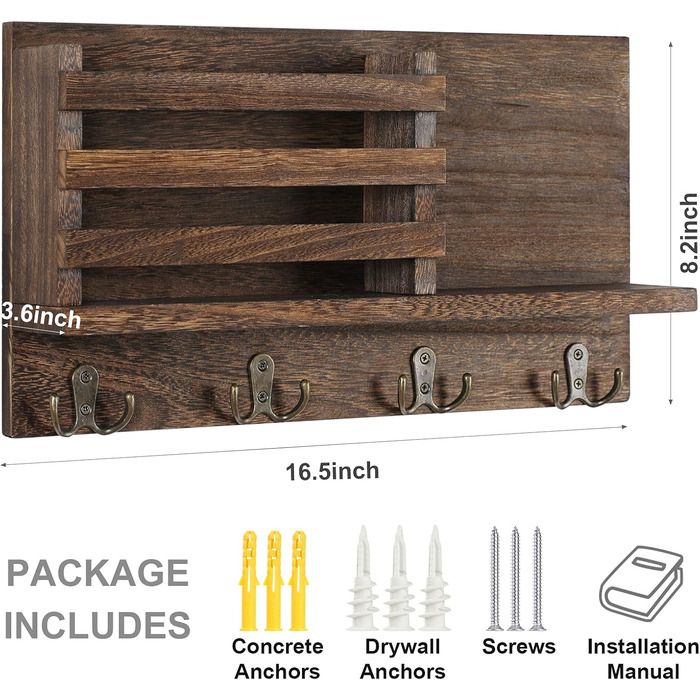Keys and Mail Holder for Wall Rustic Natural Paulownia Wood 4 Double Hook Hanger Wall Organizer for Decoration, Bags, Accessories, Hardware and Manual Included (brown)