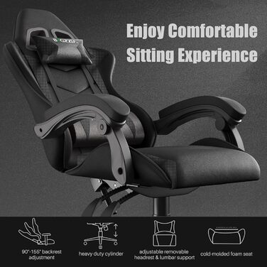 Геймерське крісло Bigzzia Ergonomiczne: з подушкою для попереку та підголовником, регульована висота, чорне, для підлітків та дорослих