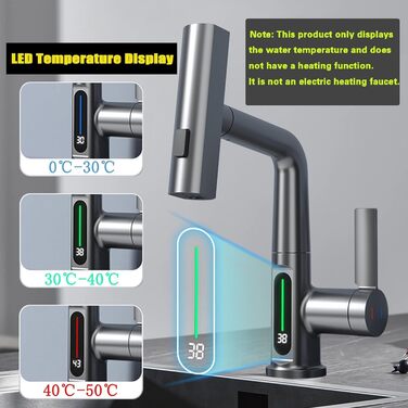 Кухонний змішувач з витяжною лійкою та душем, 3 режими, LED-індикатор температури, однорідний, поворотний на 360°, для кухні, високого тиску, регульована висота (сірий)
