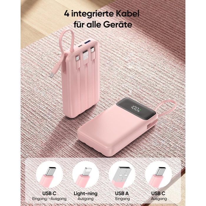Компактний зовнішній акумулятор ADDTOP 20000mAh з 4 вбудованими кабелями, швидка зарядка 22.5W, рожевий