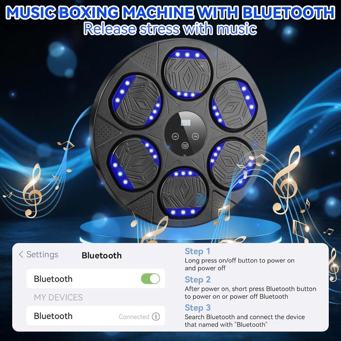 Музична боксерська машина Silencomfort з LED-підсвіткою та кріпленням для рукавичок, 9 режимів швидкості та режим підрахунку, Bluetooth для занять та зняття стресу (чорний)