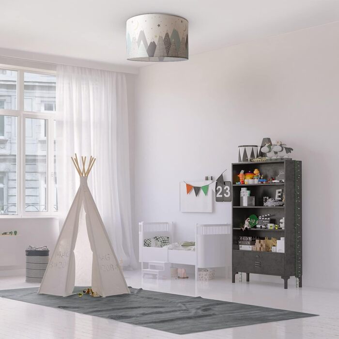 Paco Home Pendant Light for Children's Room, Ceiling Lamp, Chandelier, Baby Room Pendant Light, Various Motives, Boys and Girls, E27, Color: Design 6 (Ø45.5 cm), Light Type___Color: - White (Mountains, Ceiling Light)