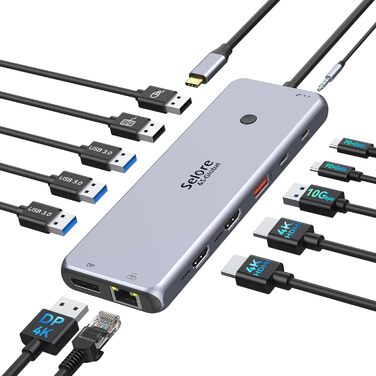 Док-станція USB C 13 в 1 для трьох моніторів: Dual HDMI 4K, DisplayPort, 10G USB 3.1, Ethernet, PD 100W, аудіо/мікрофон, сірий