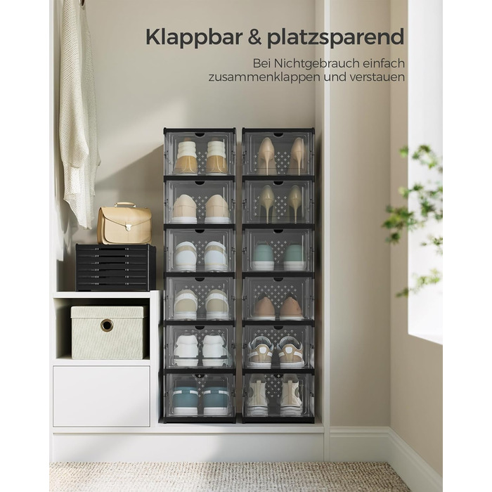 SONGMICS Shoe Cabinet Set, with 18 Shoe Boxes, Integrated Shoe Organizer, Foldable, Portable, for Shoes up to Size 46, 1-Minute Assembly, Transparent-Cloud White LSP207W01 (Transparent + Ink Black, 2)