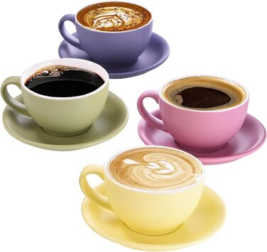 Набір кавових чашок Yundu Cappuccino 4 шт. по 300 мл з блюдцями, кераміка, матові кольори для латте-арт, для бариста, великі мока чашки