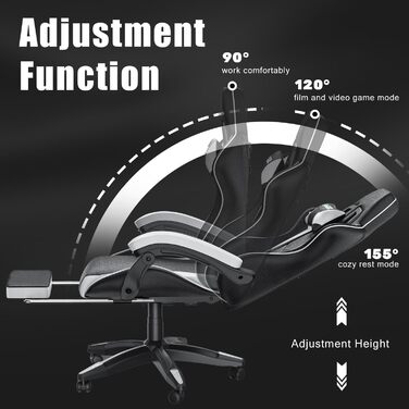 Геймерське крісло Bigzzia Ergonomic з підлокітниками, подушкою для попереку та голови, регульованою висотою, з підставкою для ніг - Білий
