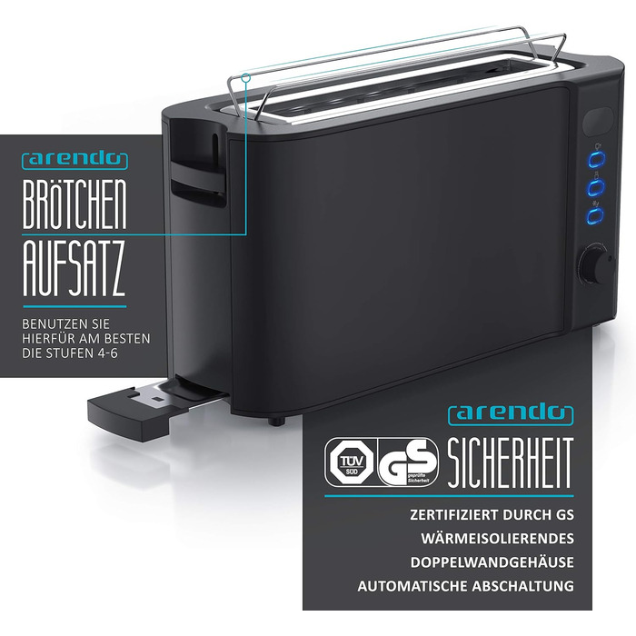 Arendo - 2-Slice Long Slot Toaster - Defrost Function - 1000 W - Double-walled Housing - Integrated Roll Attachment - Browning Levels 1-6 – Display with Remaining Time Indicator - Stainless Steel Black Matte A: Black Matte