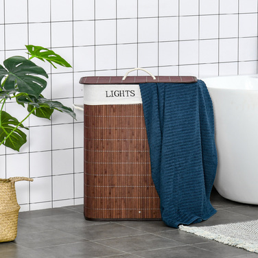 HOMCOM 100L кошик для білизни, контейнер для збору білизни, коробка для білизни з 3 ручками та знімним пранню мішком з бамбука, бавовни, металу, коричневого+білого кольорів, розміром 52x32x63 см | Aosom