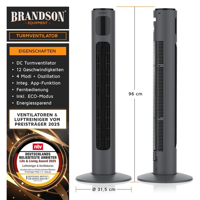Brandson ECO Tower Fan - Silent DC Motor, 12 Speed, Remote Control, Timer, Energy Efficient, Cool Grey