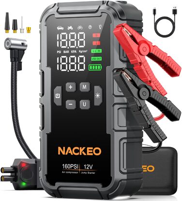 Powerbank для автомобіля з компресором 160PSI та пусковим струмом 12V (бензин/до 12L дизель) з LED-ліхтарем та LCD-дисплеєм