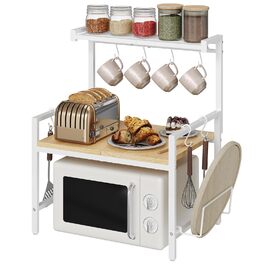 Поличка для мікрохвильової печі, кухонна поличка, 2 яруси, з підставкою для обробної дошки, органайзер з 8 гачками, коричнева, ABRBN5301