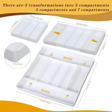 Органайзер для столових приборів в шухляду, розсувний, 27.5-50 см, 3-7 відділень, пластик, для кухні