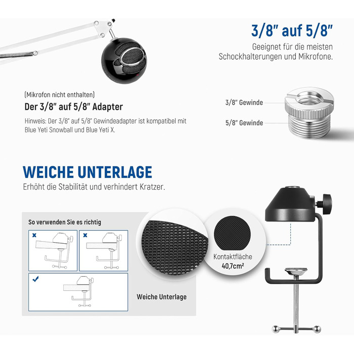 Тримач для мікрофону Neewer NW-35, підвіс Boom Schere, штатив з гвинтовою різьбою 3/8' - 5/8', сумісний з Blue Yeti, Quadcast та іншими мікрофонами, максимальне навантаження 1.5 кг