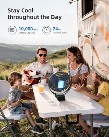 Вентилятор Koonie 10000 mAh з кліпсою, 20 см, портативний USB, акумуляторний, 4 швидкості, 360° оберт, тихий, для дому, офісу, дитячої коляски, кемпінгу, гроу-тента (блакитний)