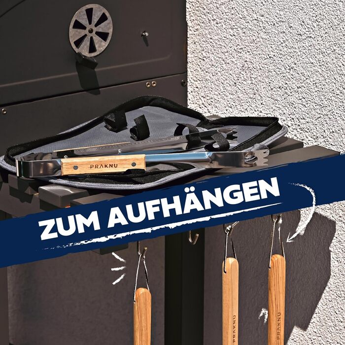 Набір гриль-посуду Praknu з дерев'яними ручками та сумкою - стійкий до високих температур, нержавіючий та міцний. Включає щітку, щипці, лопатку та виделку для м'яса. Ідеальний подарунок для чоловіків.