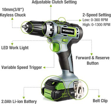 WORKPRO Акумуляторний шуруповерт 18V/20V з 16 насадками, крутним моментом 25NM та регульованою швидкістю, LED-підсвічуванням, 2-ма режимами обертання, акумулятором 2.0Ah Li-Ion та швидким зарядним пристроєм