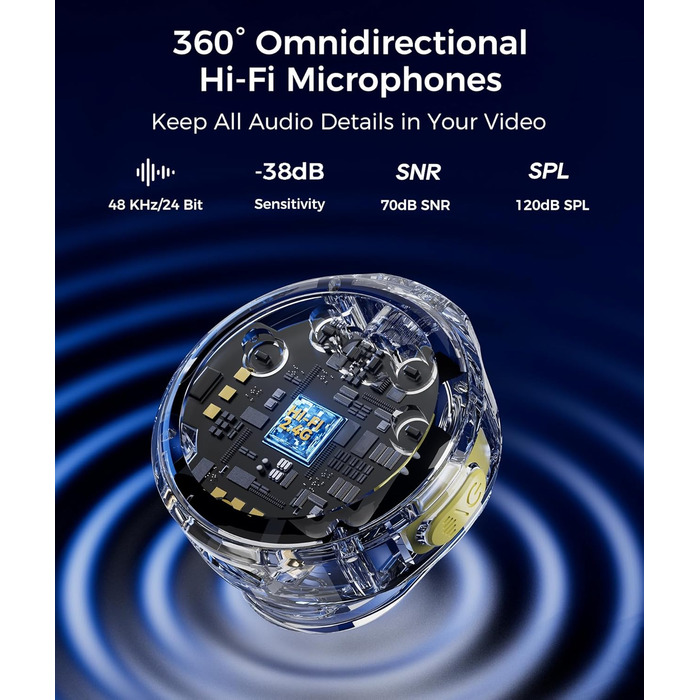 Мікрофон-петличка Aceele бездротовий для iPhone/Android/планшетів/ПК, Hi-Fi звук, шумозаглушення, 24 години роботи, радіус дії 50м, мініатюрний мікрофон для відео/стрімінгу/влогів/подкастів/інтерв'ю з кейсом для зарядки