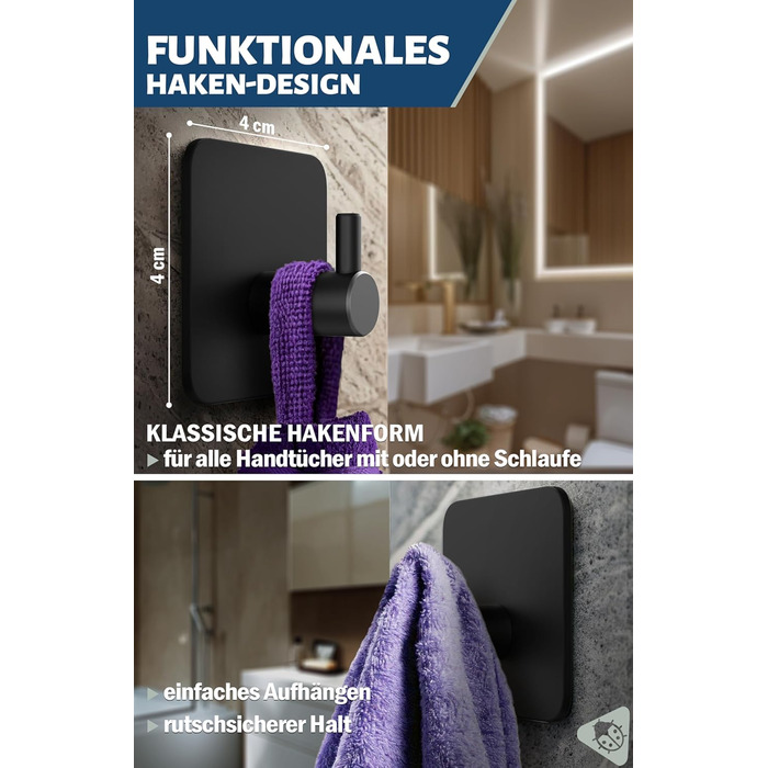 Набір кріплень Menz Haken, 4 шт., нержавіюча сталь, самоклеючі, для ванної, кухні, чорні