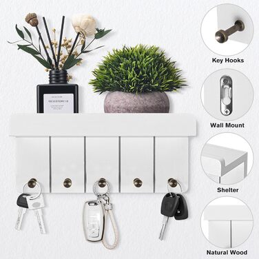 Дерев'яне ключниця з полицею, білий колір, 5 гачків, декоративна настінна полиця для прихожої, кухні, спальні
