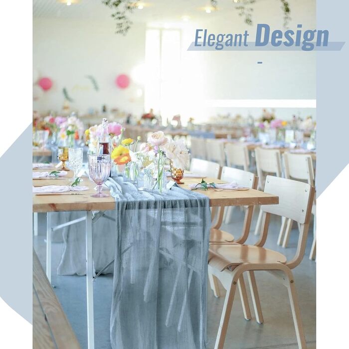 Showgeous 6-Piece Cheesecloth Table Runner Dusty Blue, 90 x 300 cm Table Runner Boho Style Rustic Gauze Fabric Table Decoration for Vintage Wedding, Birthdays, Baby Shower, Holiday Party