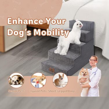 Sytopia dog stairs 40 cm high, 3 steps, dog stairs for bed, sofa for small dogs, pet stairs washable, foam stairs, for injured, older dogs (34cm height, Grey) (5 steps dog stairs (H:57CM), Flannel)