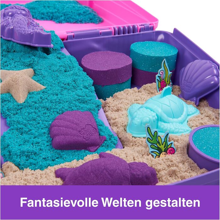 Kinetic Sand Mermaid Suitcase - with 1 kg of original kinetic sand from Sweden in 3 colors, 6 molds, 1 shovel for creative indoor sand play, for children ages 3 and up.