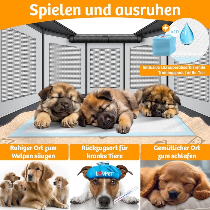 LOVPET® Indoor/Outdoor Dog Playpen - Puppy Pen, Dog Cage with Oxford Fabric, Small Animal Enclosure, Cat Run - Includes Toys & Pads, 72x72x43cm, Anthracite Gray