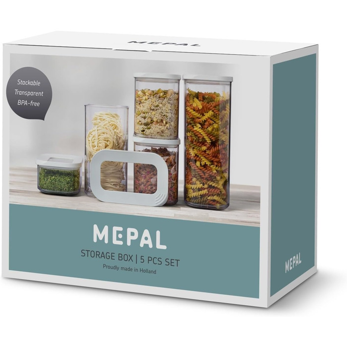 Mepal 5-Piece Storage Container Set with Lids - Rectangular Food Containers - Plastic Kitchen Organizer - Airtight Storage Containers - 1x 2000 ml, 1x 1500 ml, 2x 1000 ml & 1x 425 ml - White