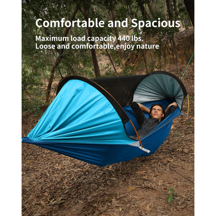 Гамак для кемпінгу 4-в-1 з москітною сіткою та знімним сонцезахистом, 290x140 см, для відпочинку на природі, пікніків, походів та подорожей, армійного кольору (106x55 см, блакитний)