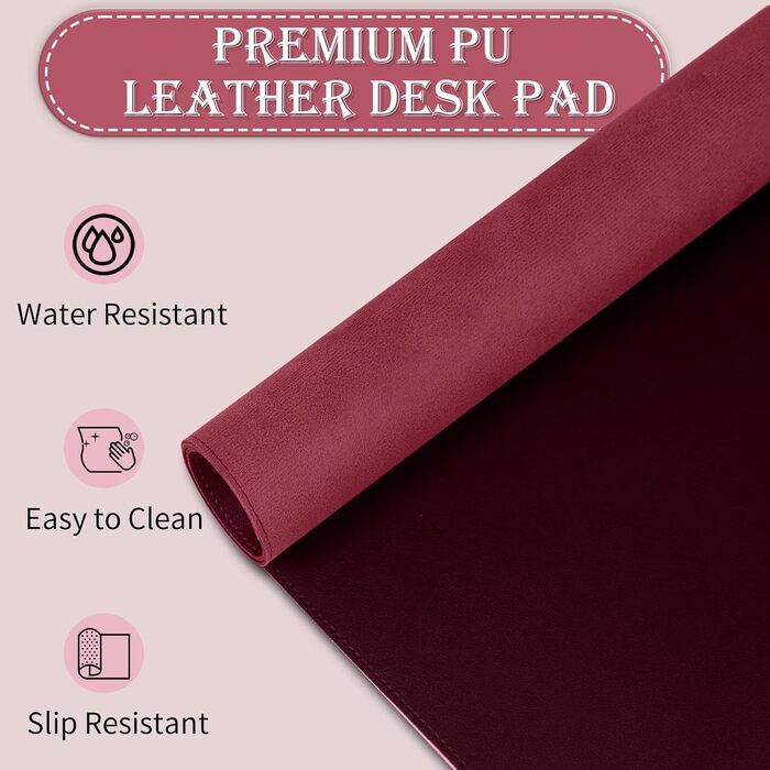 Підкладка для столу 90 x 43 см, PU шкіра, велике захисне покриття, водонепроникна та неслизька, для комп'ютера, офісу, клавіатури та миші (Бургунді)