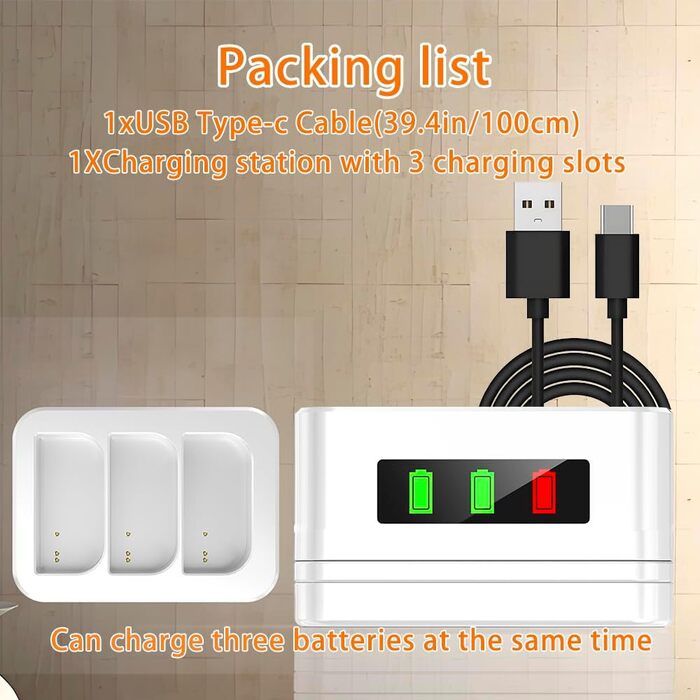 Зарядний пристрій для акумуляторів Ring (3 шт., 3.65V, 6040mAh) з LED-дисплеєм та Type-C кабелем, сумісний з Ring 2/3/4/Plus/Spotlight/Stick Up Cam