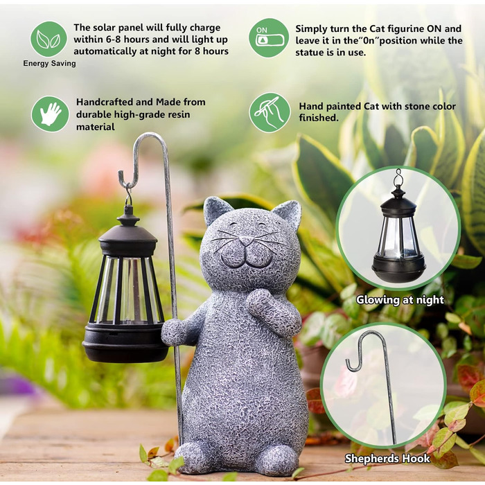 Yeomoo Cat Garden Statues for Outdoors with Solar Lantern – Funny Waterproof Solar Lamp Figure Garden Decor for Outdoors Balcony Terraces Gifts for Women Men Mom Birthday Fairy Garden Grey