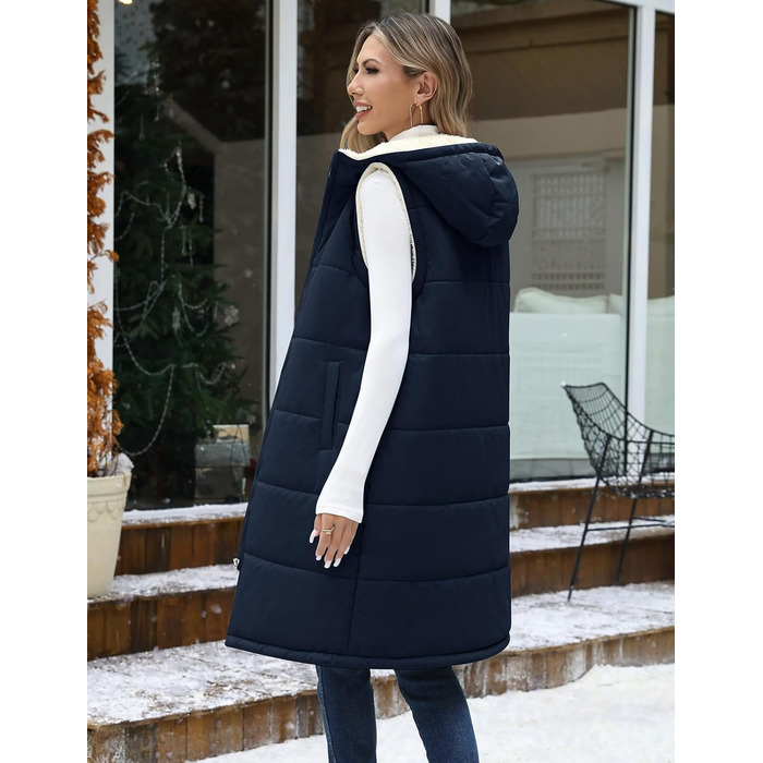 Жіноча степкова жилетка Vancavoo з капюшоном для осені/зими. Тепла жилетка з флісу, темно-синього кольору, розмір S.