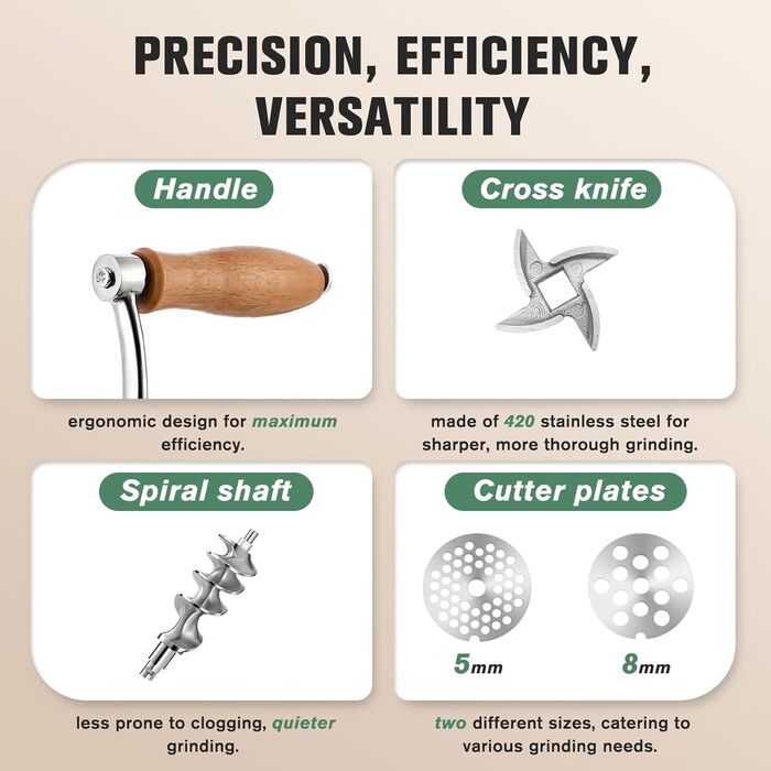 М'ясорубка ручна Huanyu з нержавіючої сталі, насадка для ковбас та печива, миється в посудомийній машині (№8)