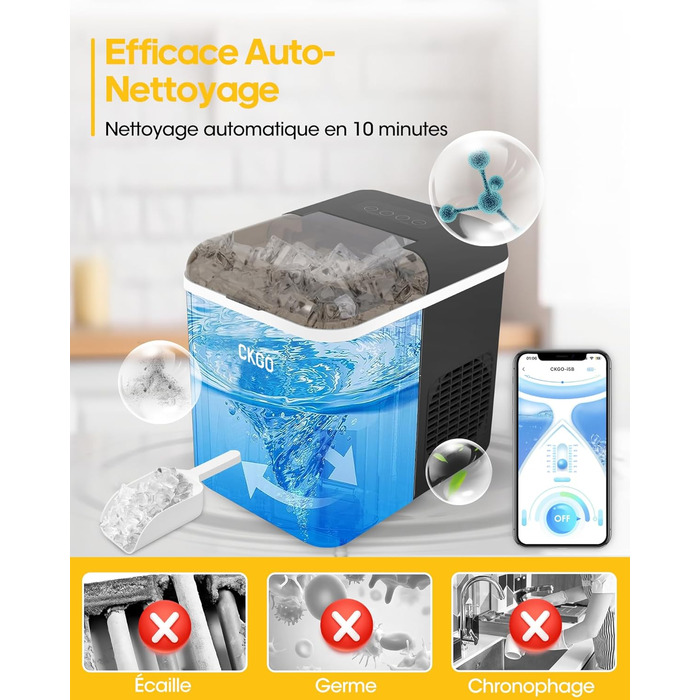 Smart Ice Maker Machine with WiFi Control - 15KG Daily Output, Fast Ice Production (6 mins/9 cubes), Self-Cleaning, 2 Sizes, for Kitchen, Office, Bar, Party, RV (Black)