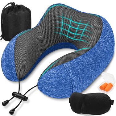 Подушка для подорожей під шию з ефектом пам'яті (Memory Foam) для літака та авто, синя, з 3D-маскою для сну та берушами
