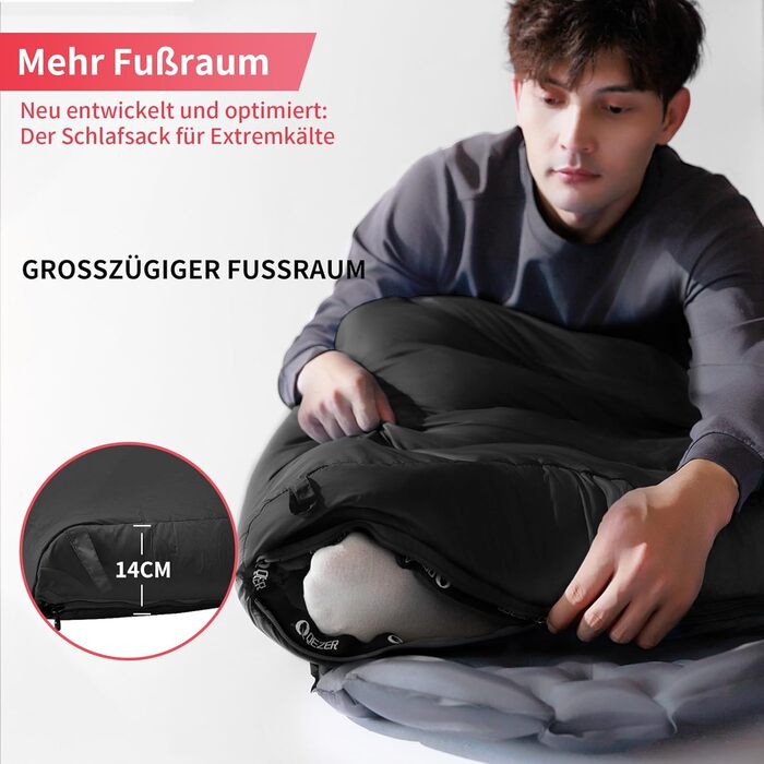 Спальний мішок пуховий, 4-сезонний, зимовий -3°C до -20°C. Підходить для кемпінгу, піших прогулянок та відпочинку на природі для дорослих та дітей. Чорний, температурний режим -3°C до -12°C