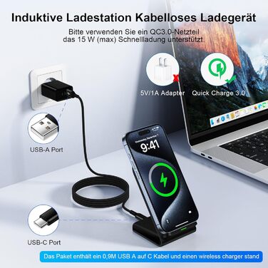 Бездротова зарядка 15W для Samsung Galaxy S25 Ultra, S24 FE, S23, S22, S21, S20, Z Flip6, Google Pixel 9 Pro, 8, 7, 6, iPhone 16, 15, 14 - чорний