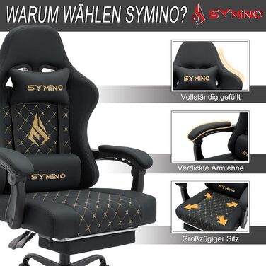 Геймерське крісло Symino Racing – ергономічне крісло для ігор з підтримкою попереку, регульованими підлокітниками, підставкою для ніг, оббивка з PU шкіри Vintage, чорне, до 200 кг