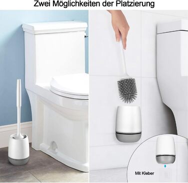 Силіконова щітка для унітазу Klobürste з тримачем, монтаж на стіну/підлогою, швидковисихаючий набір для ванної кімнати – білий (сірий та білий)