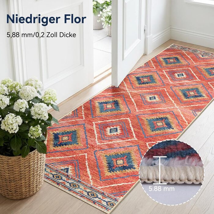 Килимок-довгий килим для коридору, кухні, з антиковзаючою основою, коротким ворсом, пральний, складаний, у стилі бохо – для коридору, кухні, вітальні та офісу, чорно-білий (60 x 240 см, червоний)