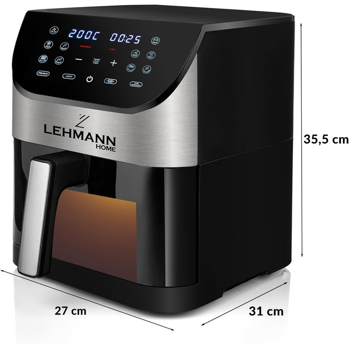 Електрична фритюрниця LEHMANN 6L з прозорим вікном, 1500 Вт, 12 програм, регулювання температури 76-200°C, таймер, LED-дисплей, фритюрниця без олії для приготування на грилі, випікання та смаження