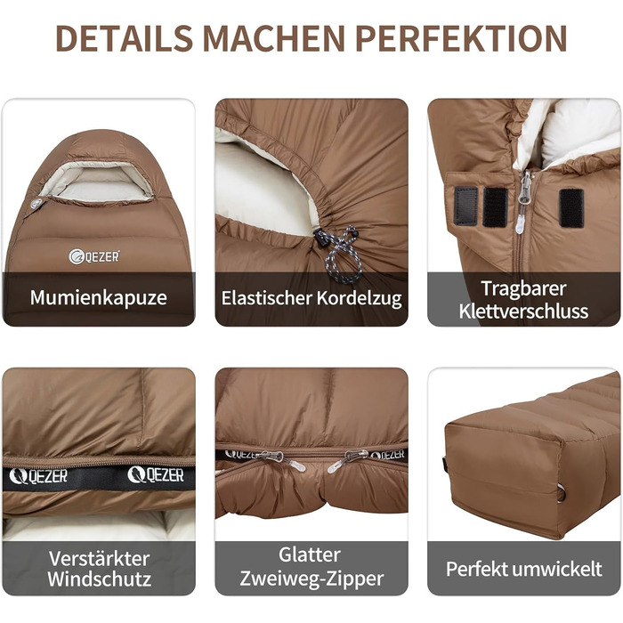 Пуховий спальний мішок для дорослих та дітей, легкий зимовий спальник Outdoor 8°C ~ -30°C для кемпінгу та альпінізму з 650 FP гусячим пухом (кава, 1500г пуху)