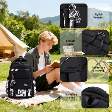 Шкільний рюкзак Tanou для хлопчиків-підлітків, принт графіті, водонепроникний, 10-18 років, для школи, гімназії, старшої школи (чорний/білий)