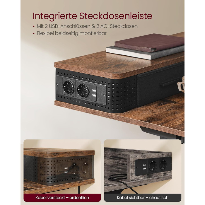 Електричний регульований стіл VASAGLE 140x60 см, vintage brown, з підставкою для монітора, розетками, гачками, пам'яттю висоти
