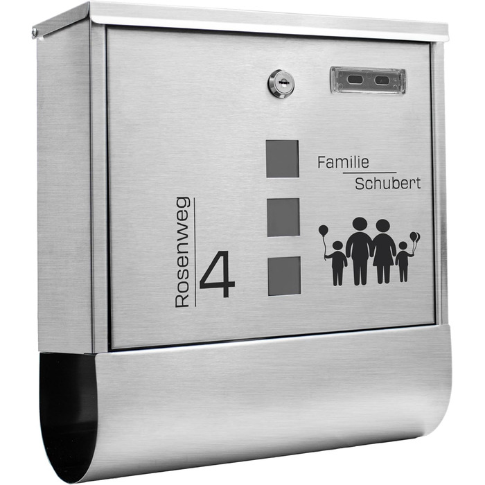 Поштовий ящик Grafner з нержавіючої сталі, персоналізований з газетницею та 2 ключами. Гравіювання імені, вулиці та номера будинку. Комплект для монтажу (Сім'я 4)