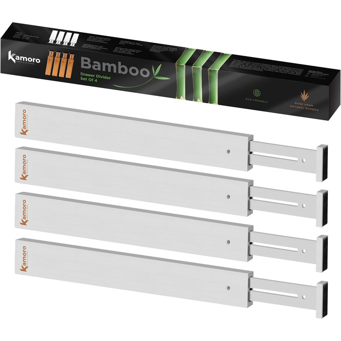 Kamoro Drawer Dividers made of natural bamboo [Set of 4] - With feather for secure hold and furniture-friendly ends - Adjustable drawer organizer between 44 and 56 cm - (Large, White)