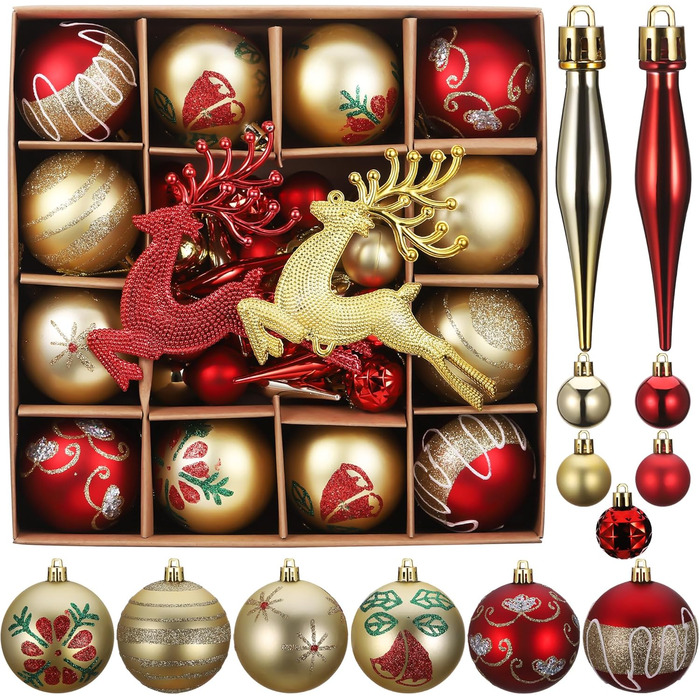 Набір прикрас для ялинки Kssvzz 40 шт. Червоні та золоті кульки з пластику, з гачками, блискучі та матові, для ялинки