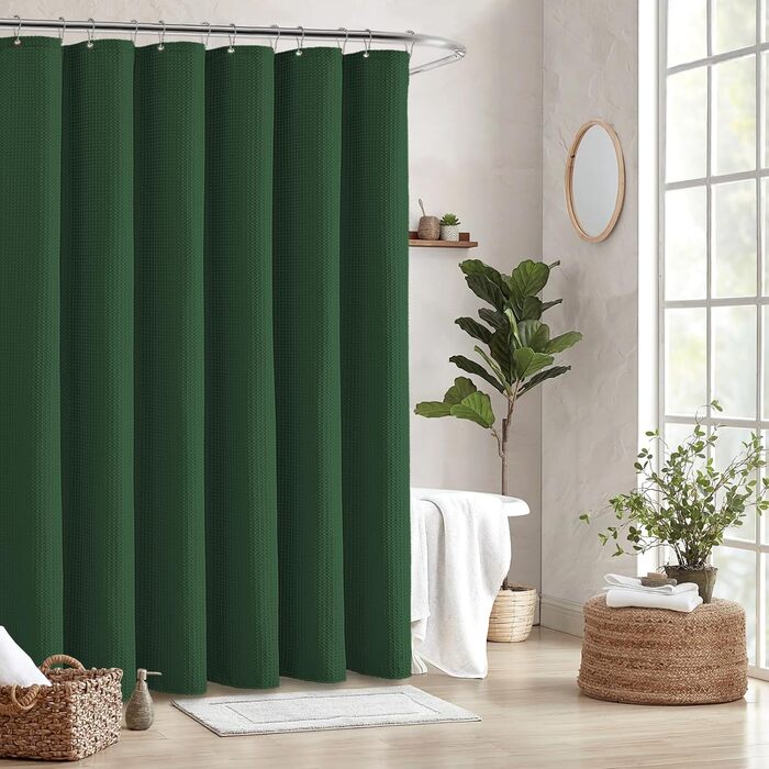 Шторка для душу BTTN, вафельна тканина, 180x200 см, антигрибкова, важка, водонепроникна, з 12 гачками, зелена