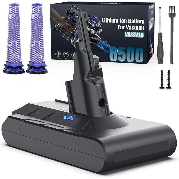 Запасний акумулятор 6500mAh для пилососів Dyson V6 DC62, DC58, DC59, DC61, DC72, DC74, SV03, SV05, SV06, SV07, SV09 + 2 фільтри (V8)